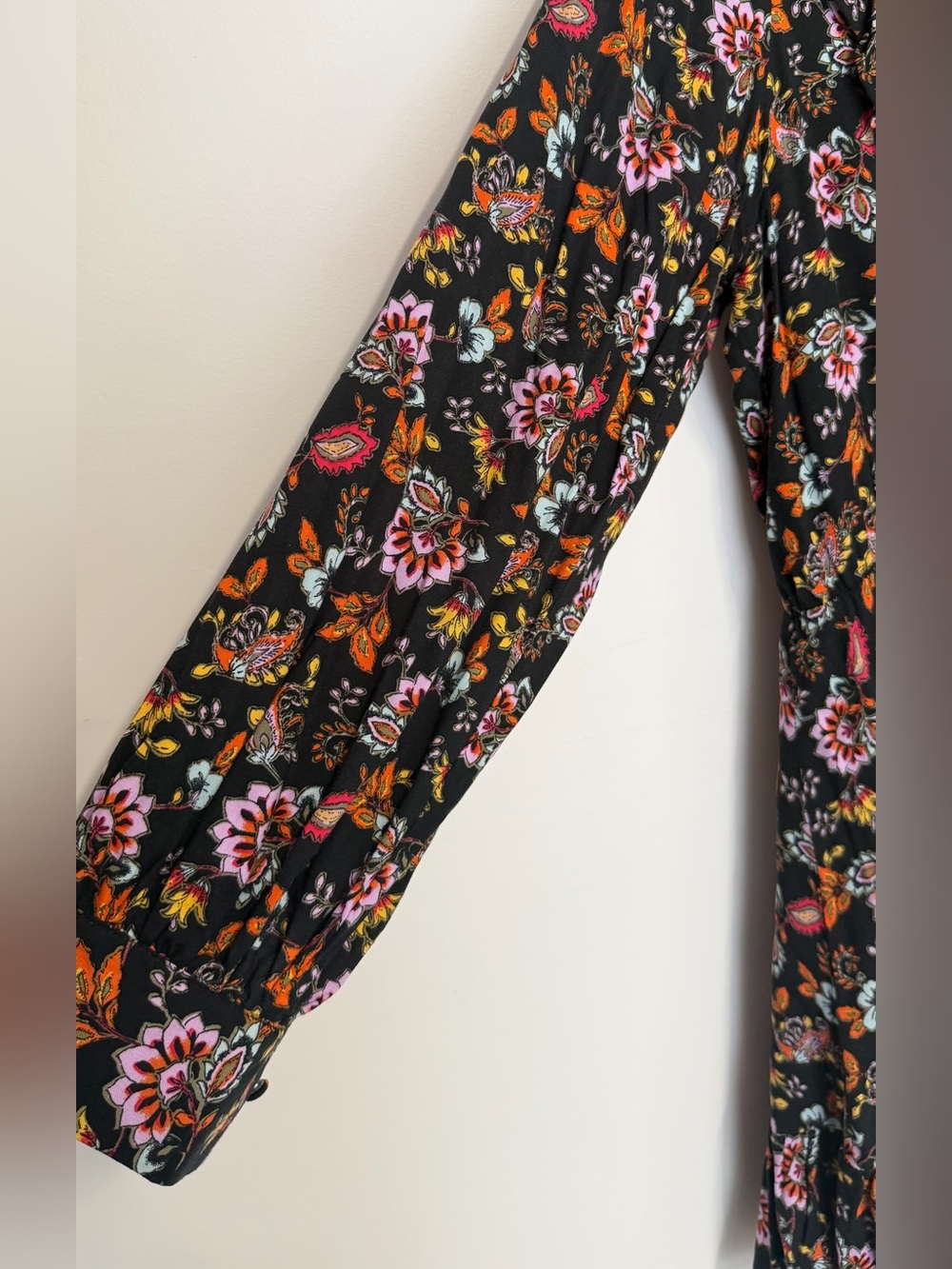 Long Sleeve Floral Ruffle Dress - Black with Pink & Orange Floral - Picture 3 of 11